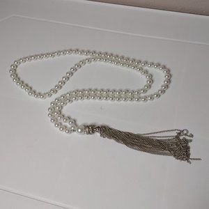 Pretty White Bead Chain Tassel Necklace